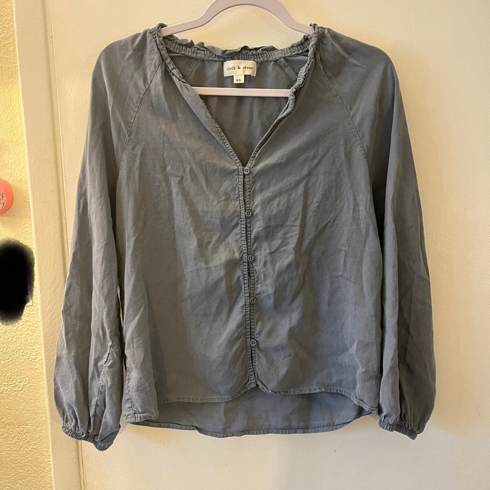 Cloth and Stone Button Down Blouse Tencel Lyocell Slate Blue Ruffle Collar XS